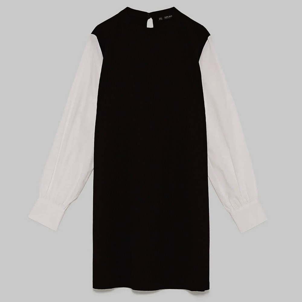 Zara Basic Collection Black Ribbed Dress Contrasting White Sleeves